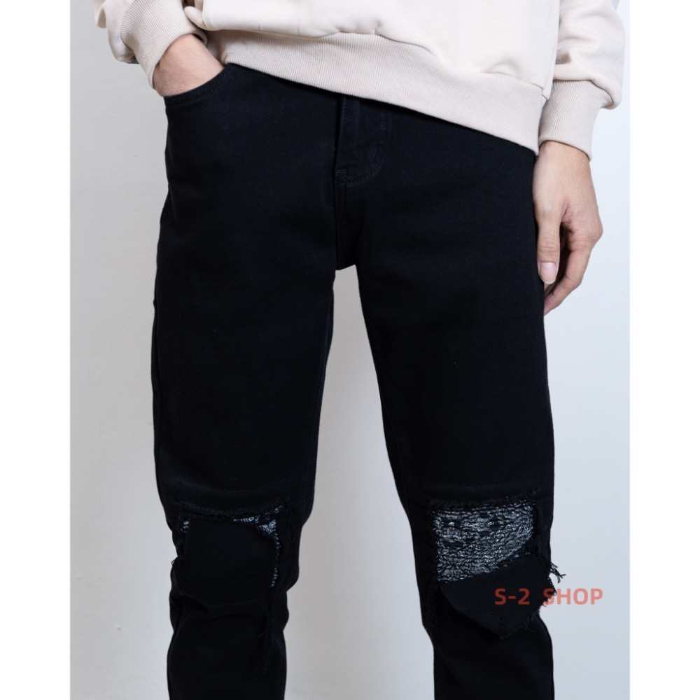 硬挺兩邊膝蓋變形蟲補丁 純黑褲 彈力牛仔長褲-細節圖7