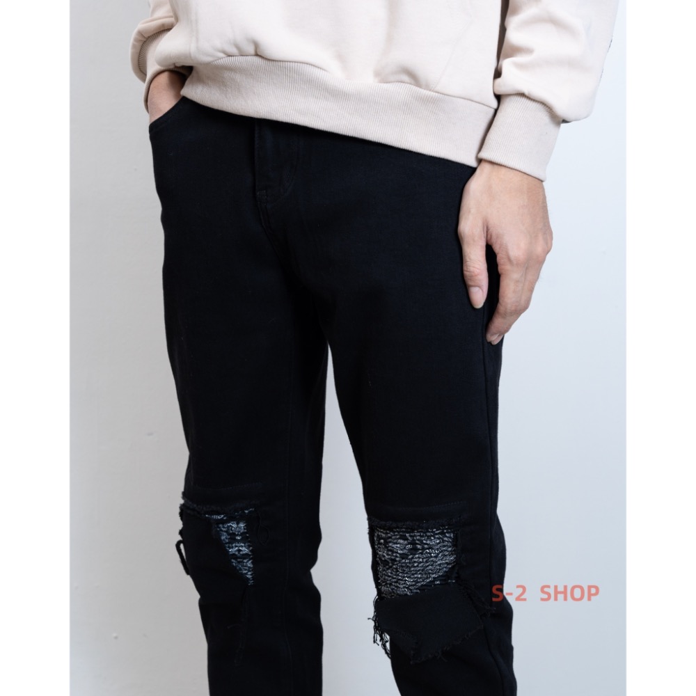 硬挺兩邊膝蓋變形蟲補丁 純黑褲 彈力牛仔長褲-細節圖8