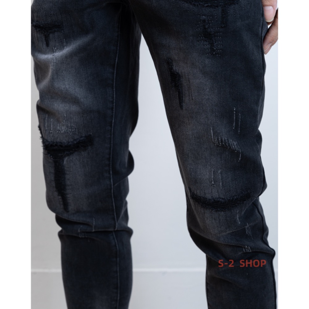 【S2店】帥到掉渣 一定要買 大彈力多重造型補丁 牛仔長褲 水洗黑褲-細節圖2