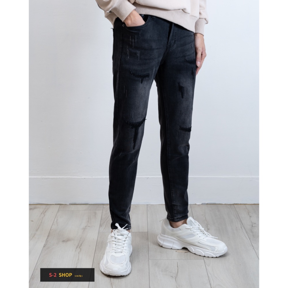 【S2店】帥到掉渣 一定要買 大彈力多重造型補丁 牛仔長褲 水洗黑褲-細節圖4