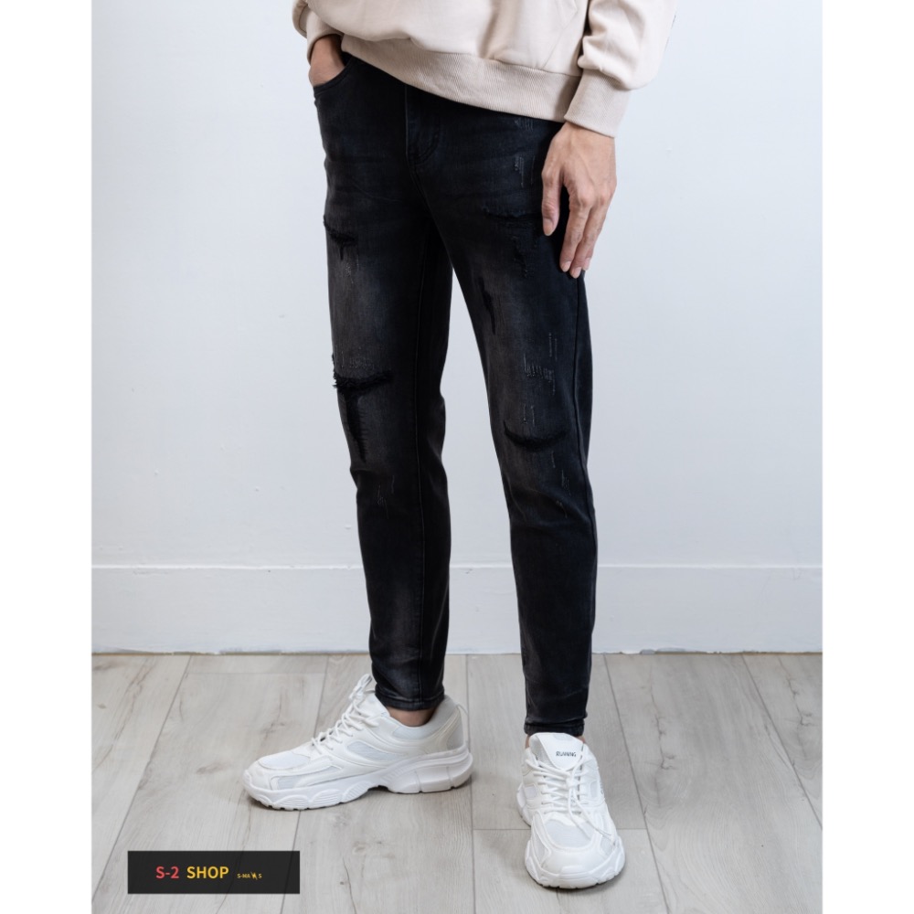 【S2店】帥到掉渣 一定要買 大彈力多重造型補丁 牛仔長褲 水洗黑褲-細節圖5