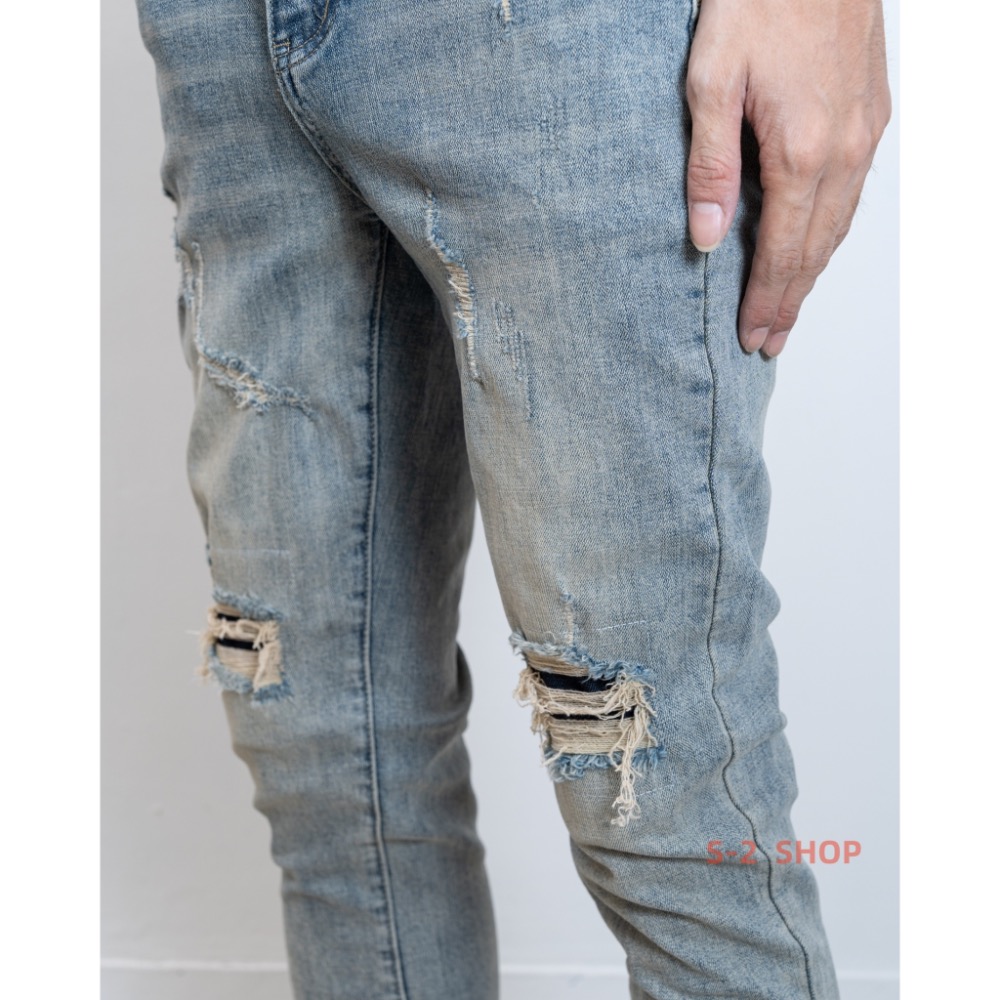 立體貓抓 破壞刷黃 膝蓋牛仔補丁 牛仔彈力長褲-細節圖2