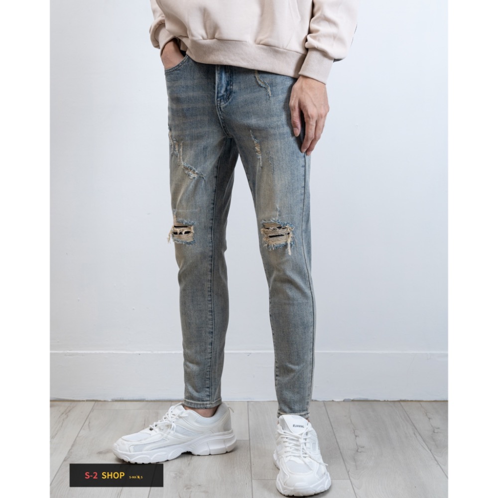 立體貓抓 破壞刷黃 膝蓋牛仔補丁 牛仔彈力長褲-細節圖4