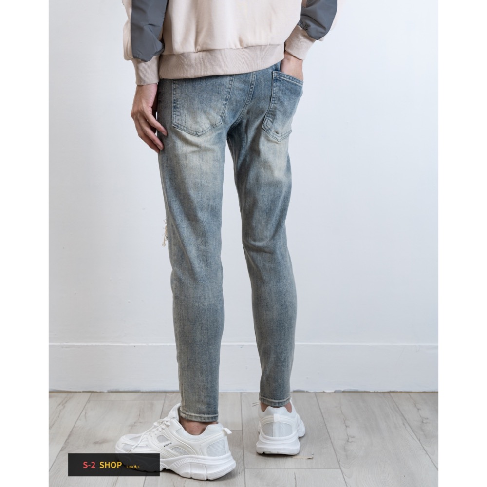 立體貓抓 破壞刷黃 膝蓋牛仔補丁 牛仔彈力長褲-細節圖5