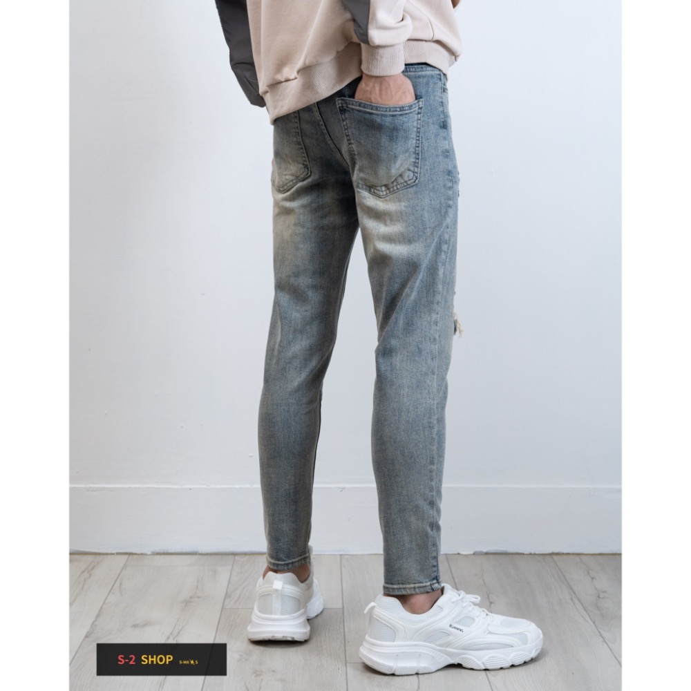 立體貓抓 破壞刷黃 膝蓋牛仔補丁 牛仔彈力長褲-細節圖6