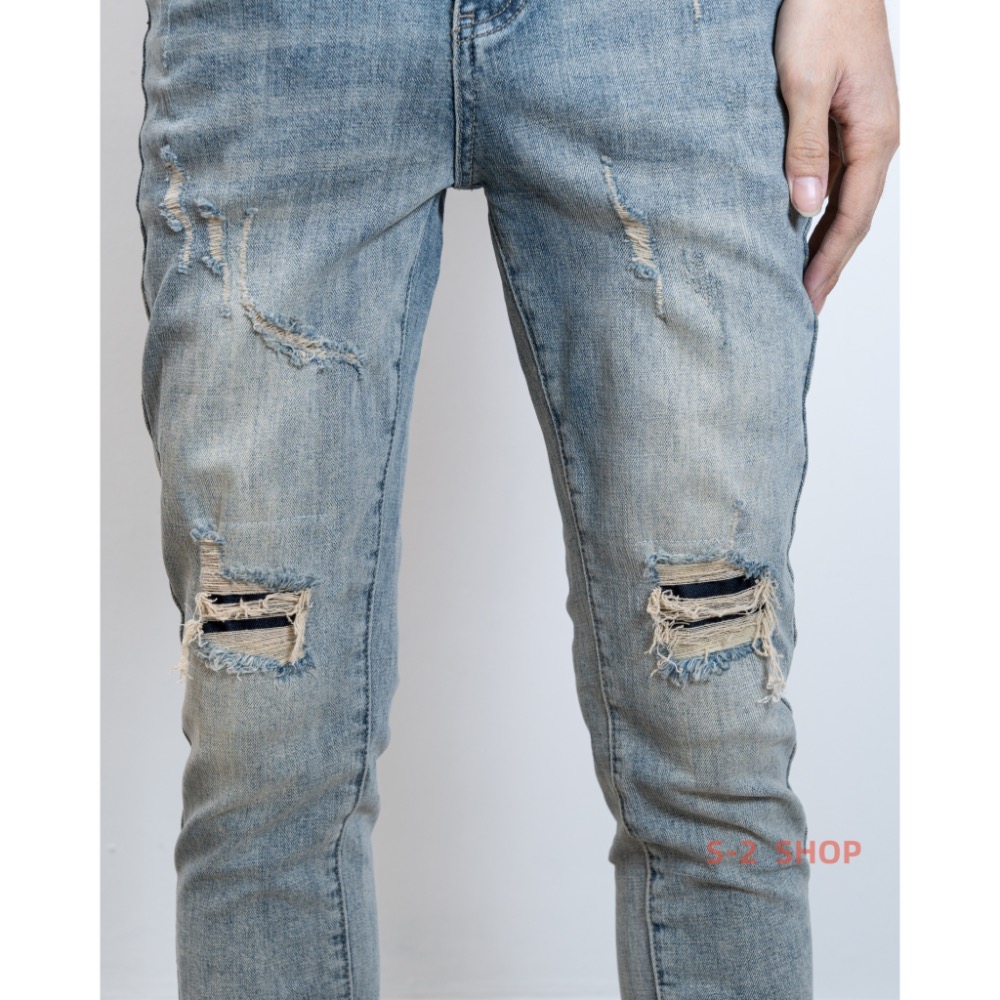 立體貓抓 破壞刷黃 膝蓋牛仔補丁 牛仔彈力長褲-細節圖7