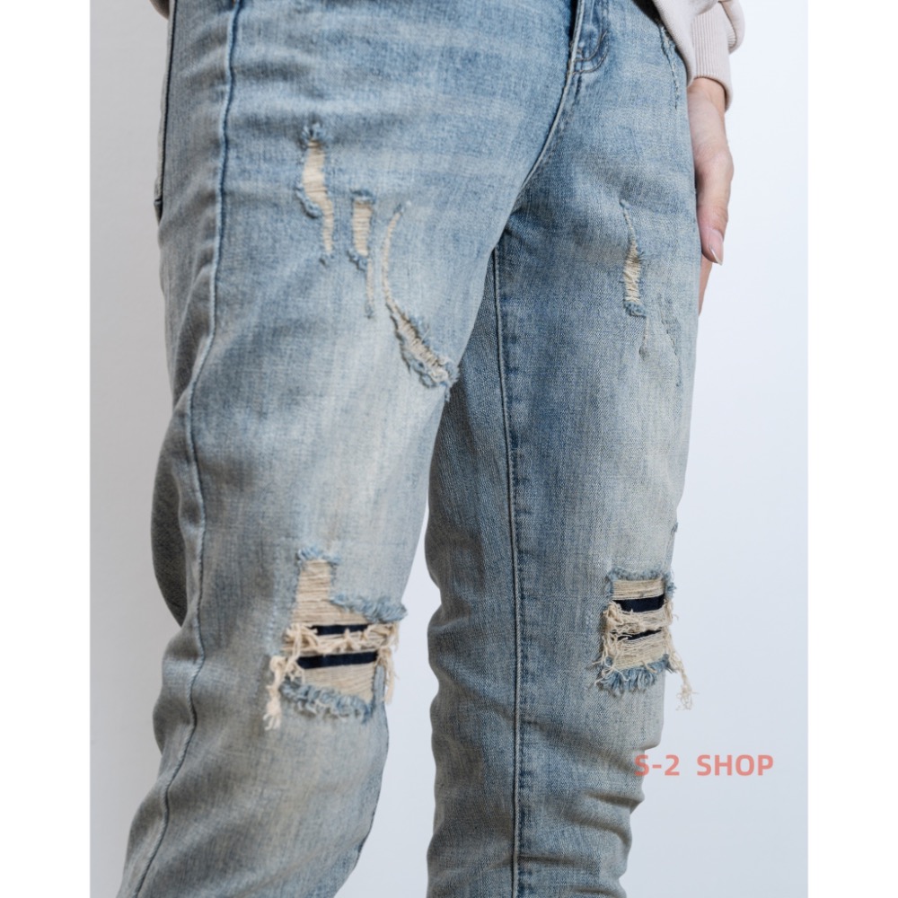 立體貓抓 破壞刷黃 膝蓋牛仔補丁 牛仔彈力長褲-細節圖8