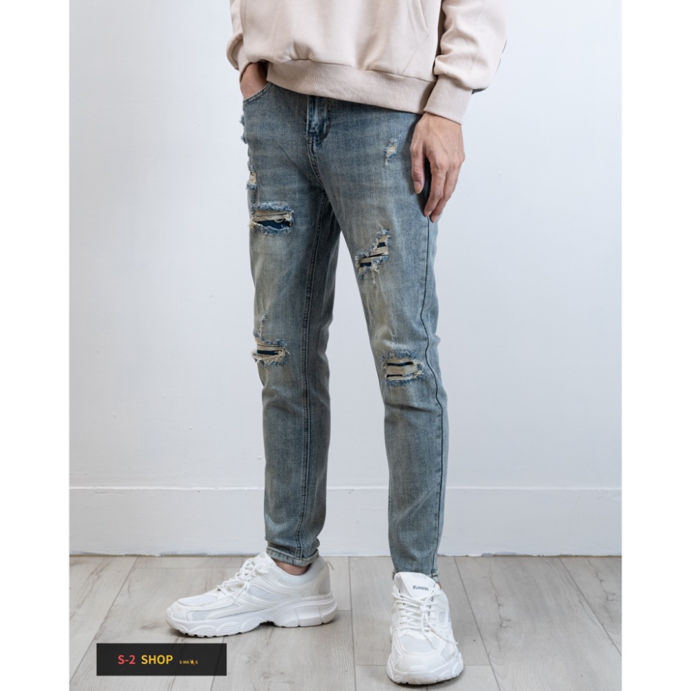 復古刷黃 多重補釘 牛仔彈力長褲-細節圖4