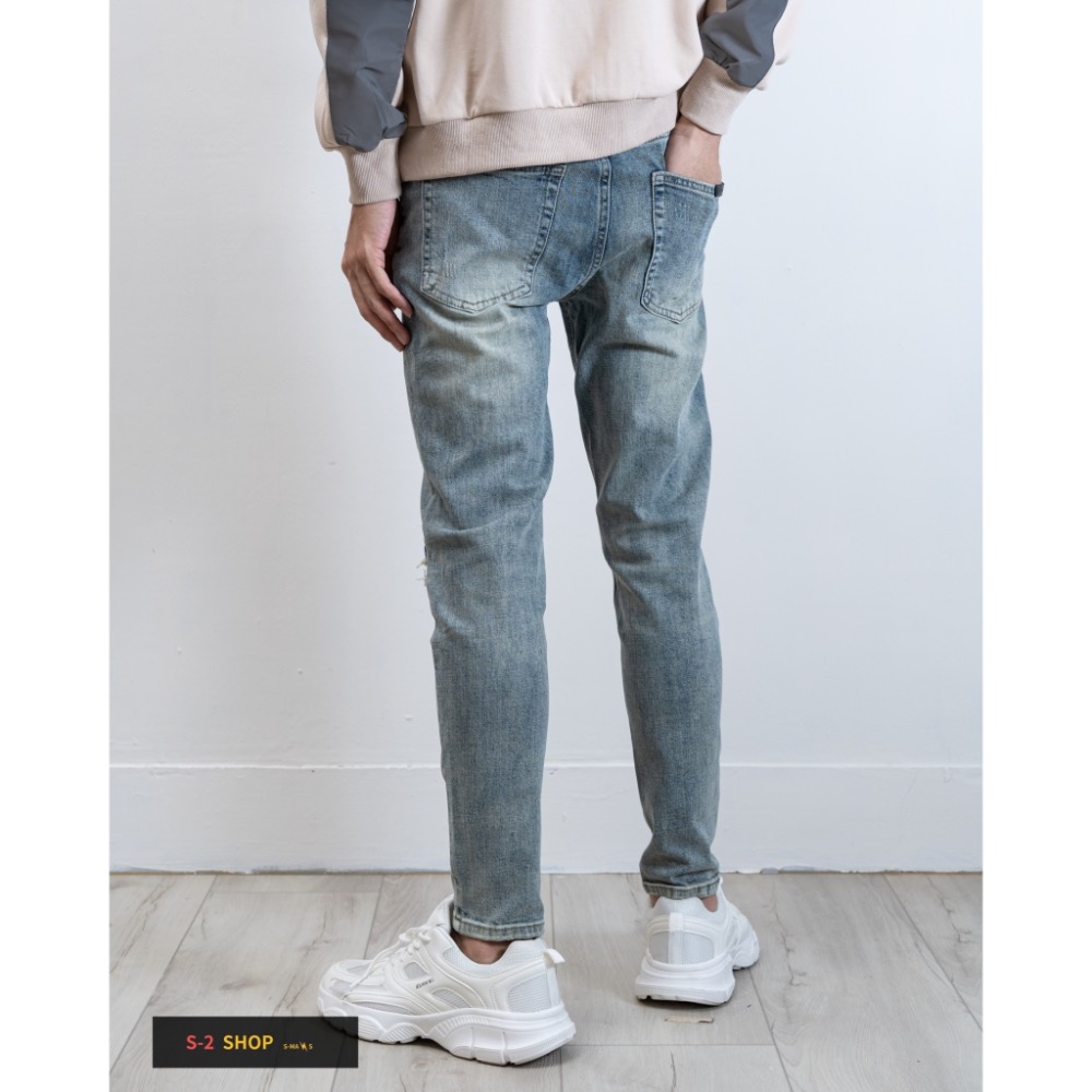 復古刷黃 多重補釘 牛仔彈力長褲-細節圖5