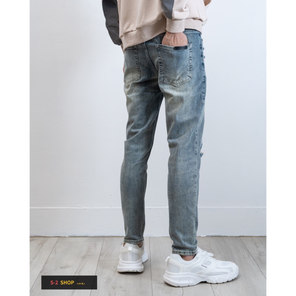 復古刷黃 多重補釘 牛仔彈力長褲-細節圖6