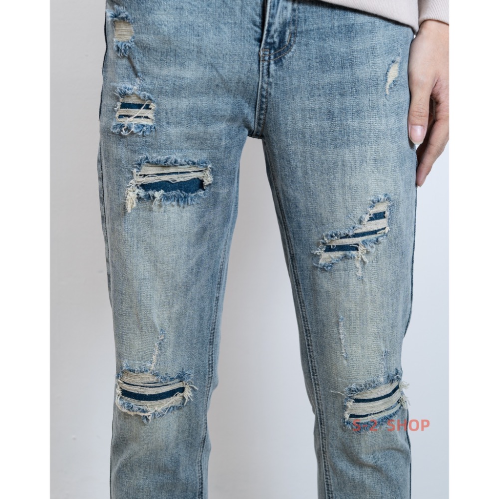 復古刷黃 多重補釘 牛仔彈力長褲-細節圖7