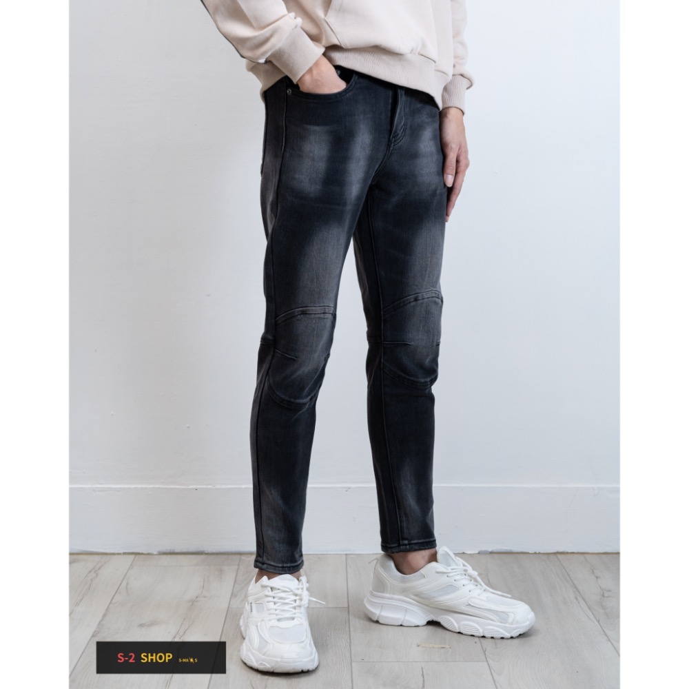 高磅膝蓋立體造型 水洗黑褲立體刷白 彈力牛仔長褲-細節圖3