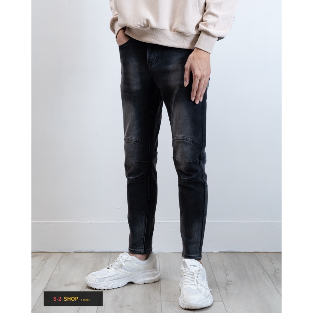 高磅膝蓋立體造型 水洗黑褲立體刷白 彈力牛仔長褲-細節圖4