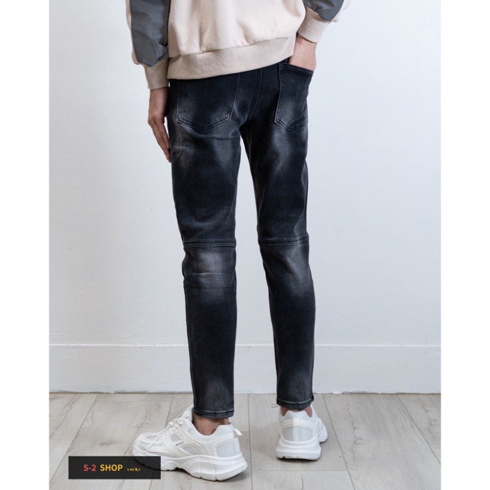 高磅膝蓋立體造型 水洗黑褲立體刷白 彈力牛仔長褲-細節圖5