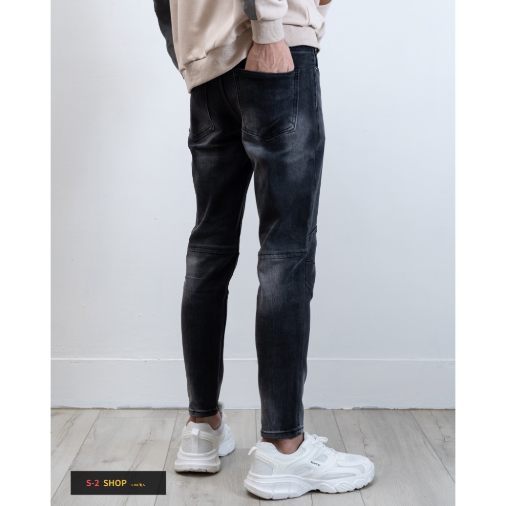 高磅膝蓋立體造型 水洗黑褲立體刷白 彈力牛仔長褲-細節圖6