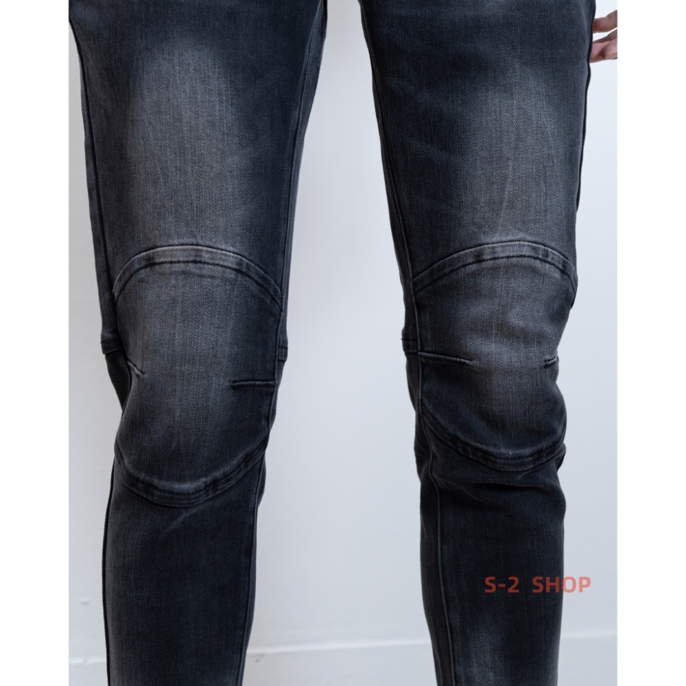 高磅膝蓋立體造型 水洗黑褲立體刷白 彈力牛仔長褲-細節圖7