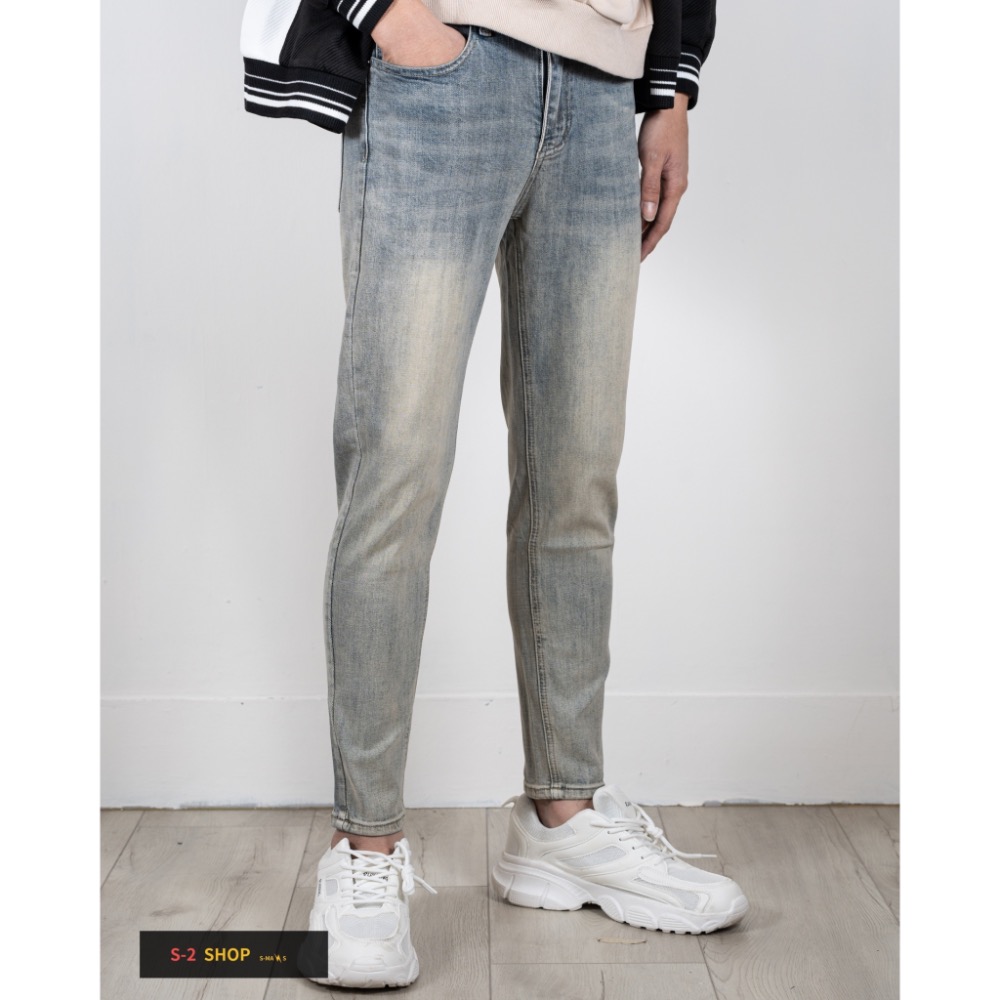 微漸層 復古刷黃的魅力 素面彈力牛仔長褲-細節圖2