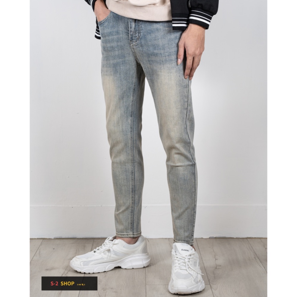 微漸層 復古刷黃的魅力 素面彈力牛仔長褲-細節圖3