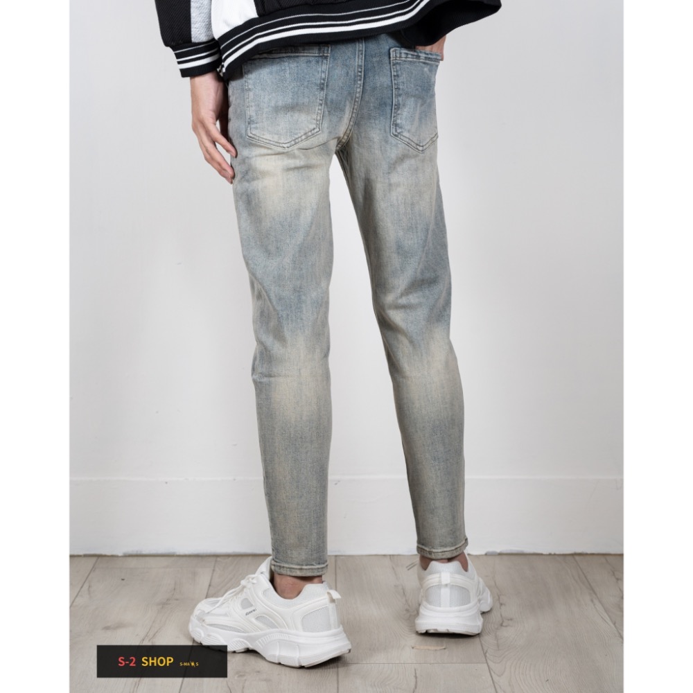 微漸層 復古刷黃的魅力 素面彈力牛仔長褲-細節圖4