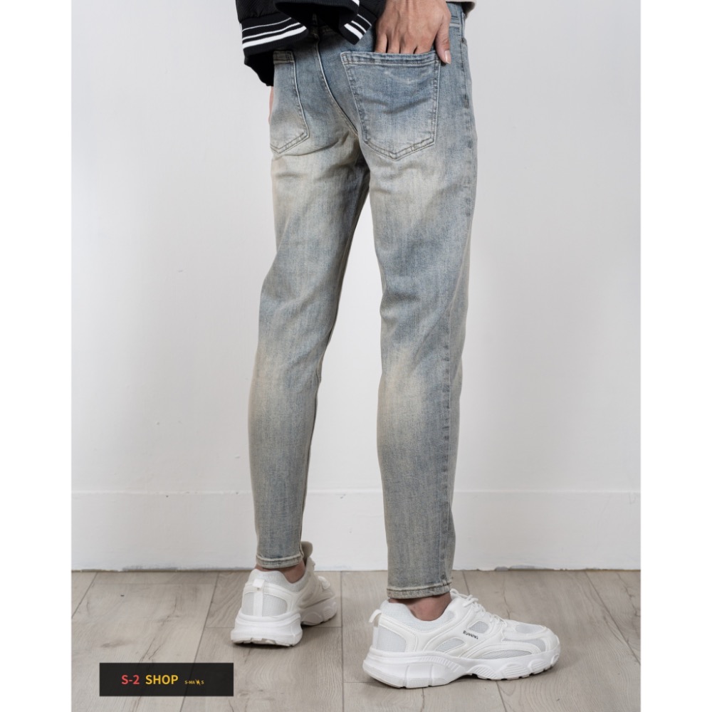 微漸層 復古刷黃的魅力 素面彈力牛仔長褲-細節圖5