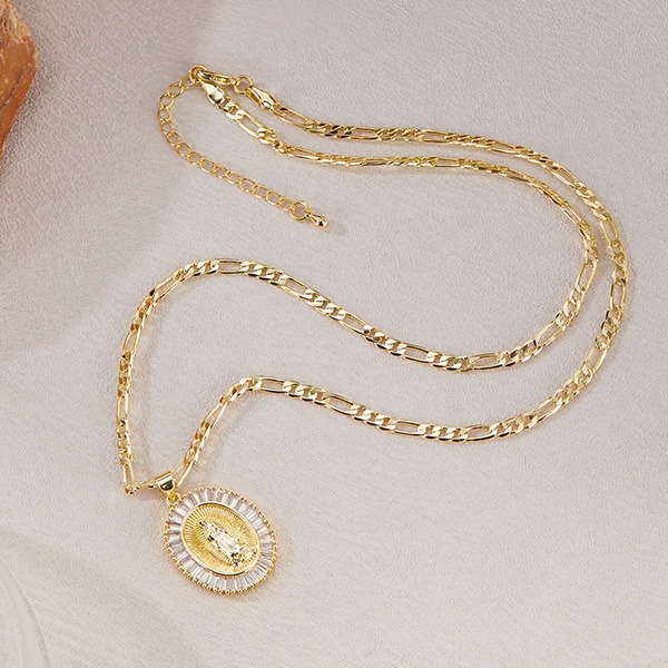 《QBOX 》FASHION 飾品【OKX726】精緻百搭復古金色橢圓鋯石聖母銅墬子項鍊/鎖骨鍊-細節圖5