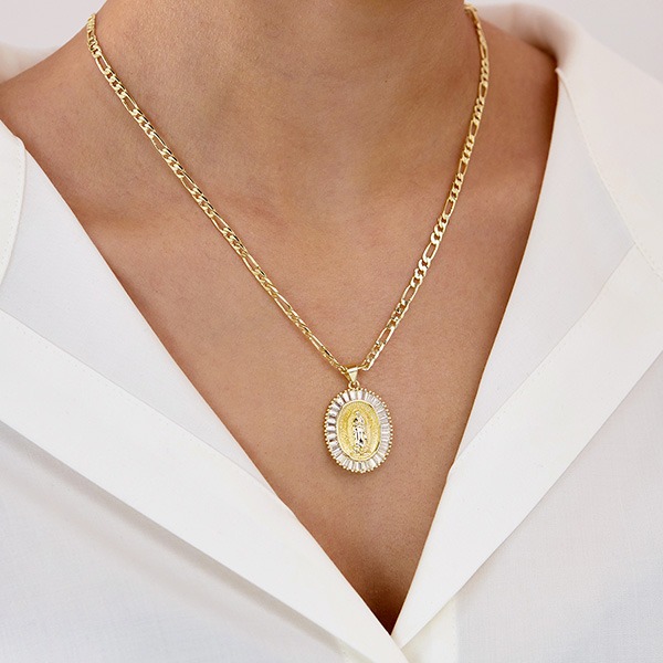 《QBOX 》FASHION 飾品【OKX726】精緻百搭復古金色橢圓鋯石聖母銅墬子項鍊/鎖骨鍊-細節圖8