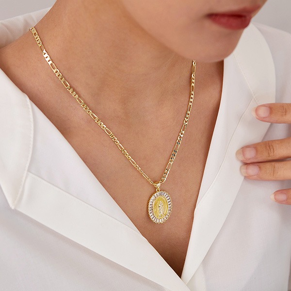 《QBOX 》FASHION 飾品【OKX726】精緻百搭復古金色橢圓鋯石聖母銅墬子項鍊/鎖骨鍊-細節圖9