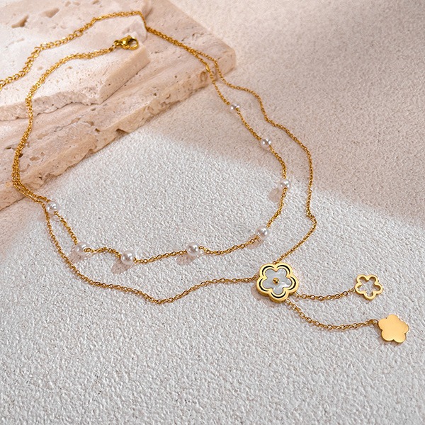 《QBOX 》FASHION 飾品【OGX2513】精緻氣質流蘇母貝花朵金色雙層鈦鋼墬子項鍊/鎖骨鍊-細節圖4