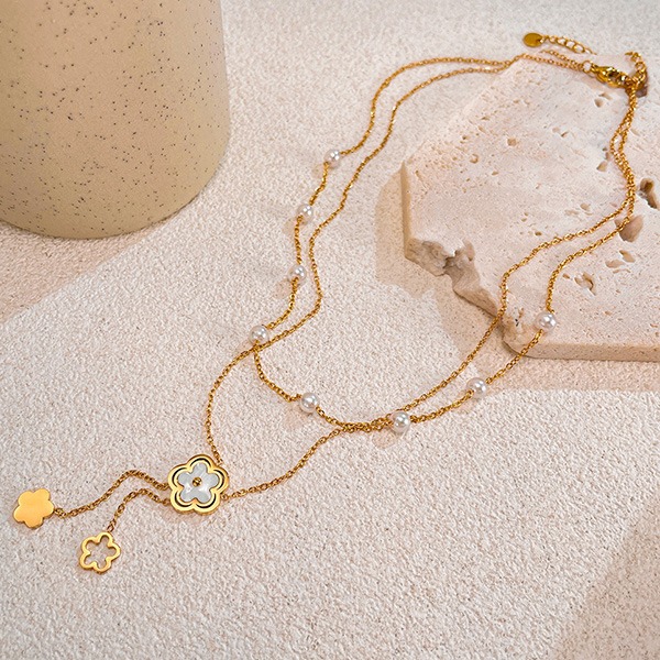 《QBOX 》FASHION 飾品【OGX2513】精緻氣質流蘇母貝花朵金色雙層鈦鋼墬子項鍊/鎖骨鍊-細節圖5