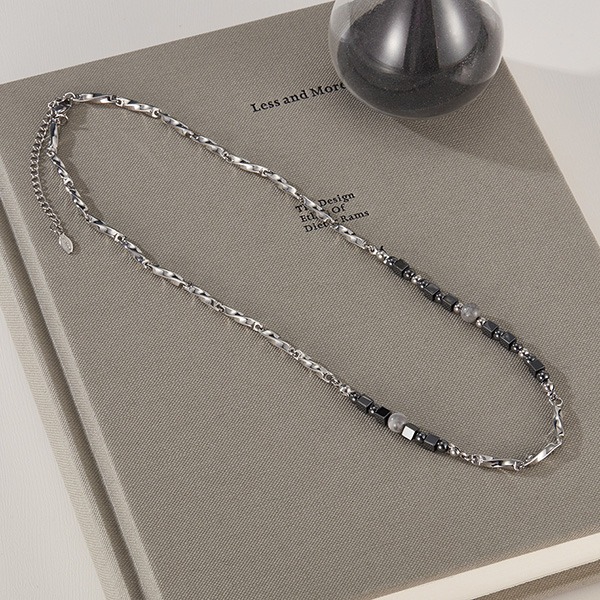 《QBOX 》FASHION 飾品【OGX2530】精緻個性復古黑膽石天然珠莫比烏斯鈦鋼項鍊/鎖骨鍊-細節圖4