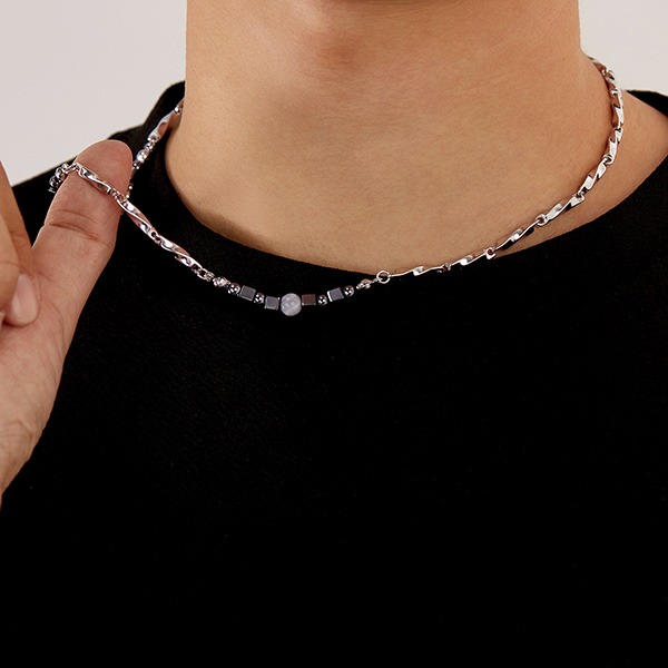 《QBOX 》FASHION 飾品【OGX2530】精緻個性復古黑膽石天然珠莫比烏斯鈦鋼項鍊/鎖骨鍊-細節圖7