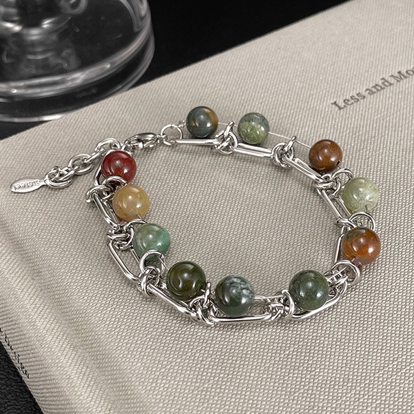 《 QBOX 》FASHION 飾品【OGS1611】 精緻個性圓珠彩色天然石雙層鈦疊戴鋼手鍊/手環-細節圖3