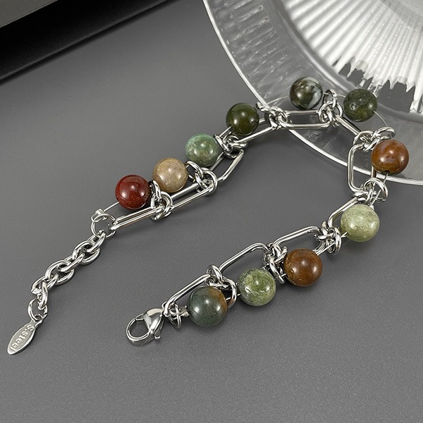 《 QBOX 》FASHION 飾品【OGS1611】 精緻個性圓珠彩色天然石雙層鈦疊戴鋼手鍊/手環-細節圖4