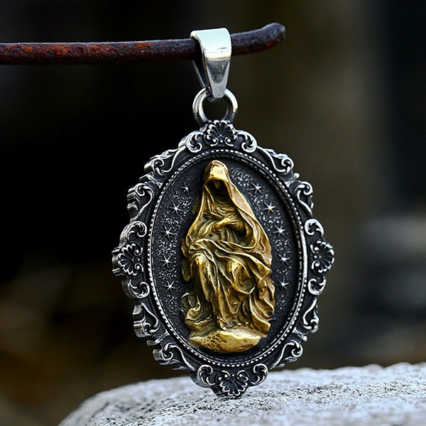 《QBOX 》FASHION 飾品【CBP8-798】精緻個性復古橢圓形聖女祈禱浮雕鑄造鈦鋼墬子項鍊/掛飾-細節圖3
