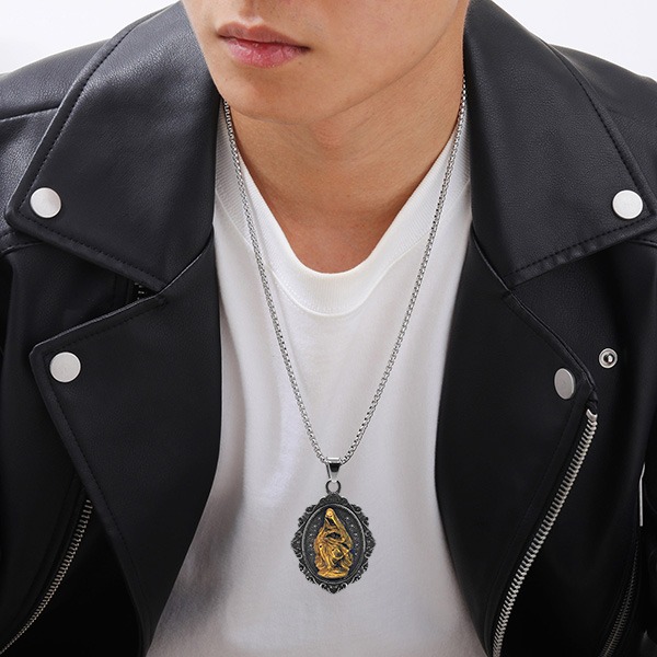 《QBOX 》FASHION 飾品【CBP8-798】精緻個性復古橢圓形聖女祈禱浮雕鑄造鈦鋼墬子項鍊/掛飾-細節圖9