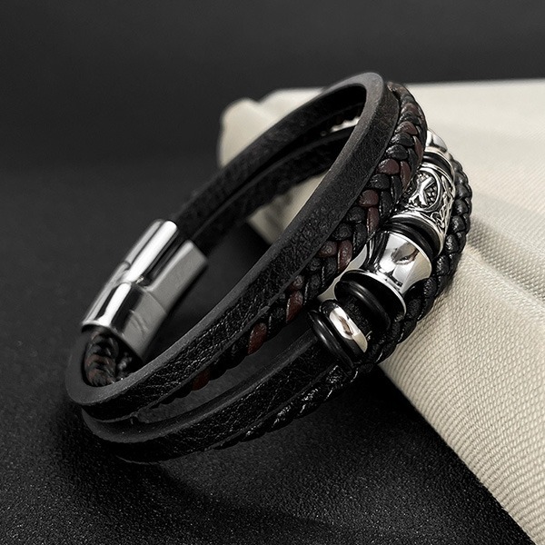 《 QBOX 》FASHION 飾品【O24N1607】精緻個性北歐符文鈦鋼圈多層次編織皮革手鍊/手環-細節圖6