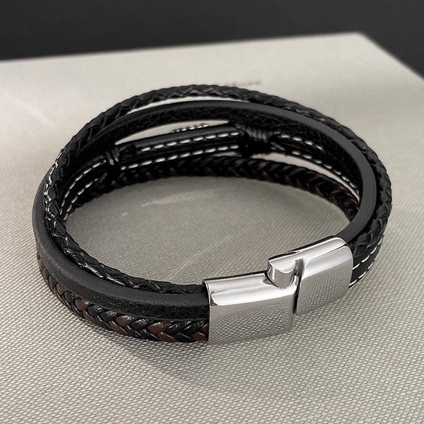 《 QBOX 》FASHION 飾品【OPH1610】精緻個性鈦鋼箭簇多層次編織皮革手鍊/手環-細節圖4