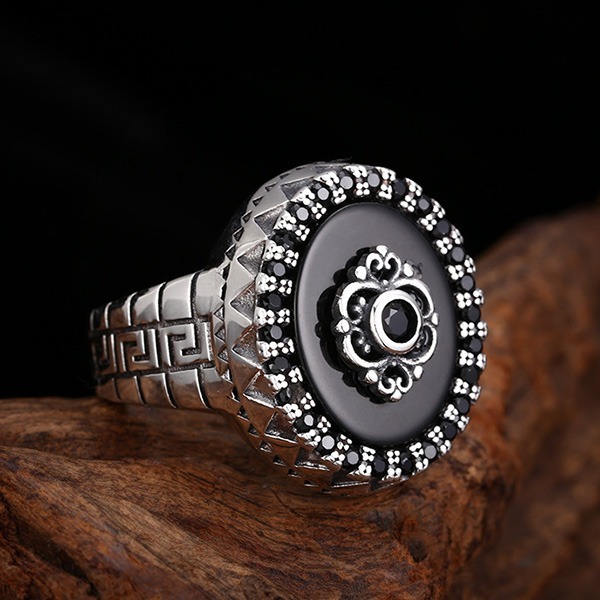 《 QBOX 》FASHION 飾品【TSR4125115】精緻個性復古方形黑瑪瑙邊鑽S925純銀戒指/開口戒指-細節圖4