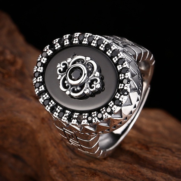 《 QBOX 》FASHION 飾品【TSR4125115】精緻個性復古方形黑瑪瑙邊鑽S925純銀戒指/開口戒指-細節圖6