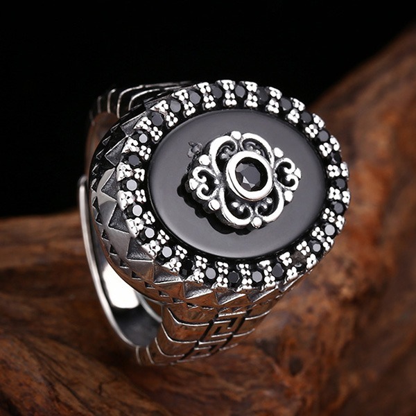 《 QBOX 》FASHION 飾品【TSR4125115】精緻個性復古方形黑瑪瑙邊鑽S925純銀戒指/開口戒指-細節圖7