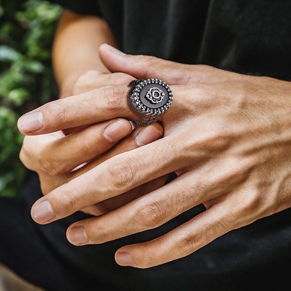 《 QBOX 》FASHION 飾品【TSR4125115】精緻個性復古方形黑瑪瑙邊鑽S925純銀戒指/開口戒指-細節圖9