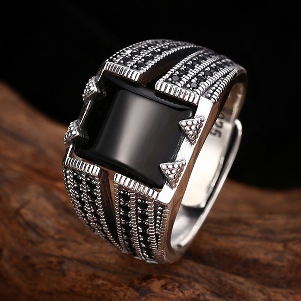 《 QBOX 》FASHION 飾品【TSR4125100】精緻個性復古方形黑瑪瑙邊鑽S925純銀戒指/開口戒指-細節圖4