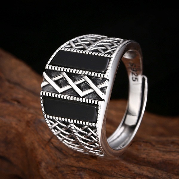 《 QBOX 》FASHION 飾品【TSR412596】精緻個性復古黑瑪瑙編織紋設計S925純銀戒指/開口戒指-細節圖4