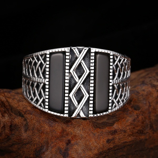 《 QBOX 》FASHION 飾品【TSR412596】精緻個性復古黑瑪瑙編織紋設計S925純銀戒指/開口戒指-細節圖5