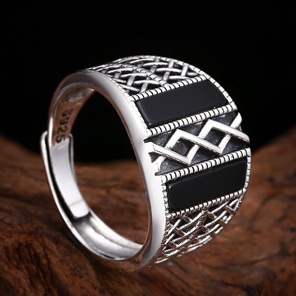 《 QBOX 》FASHION 飾品【TSR412596】精緻個性復古黑瑪瑙編織紋設計S925純銀戒指/開口戒指-細節圖6