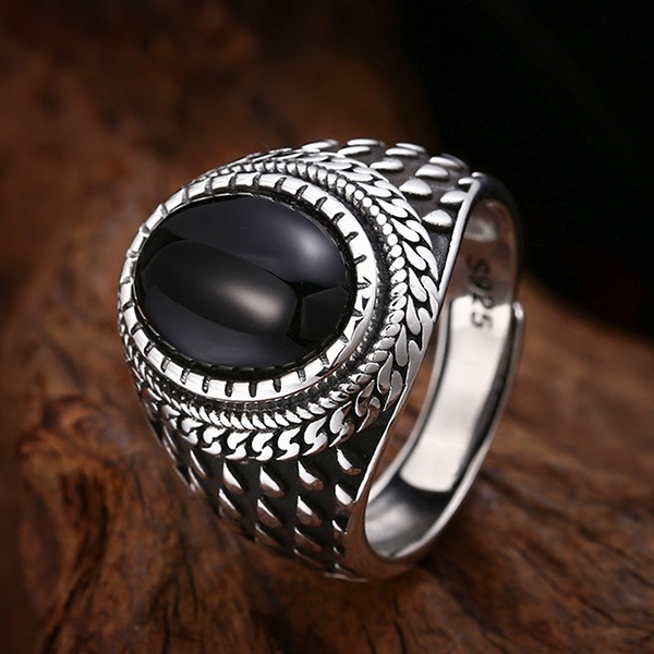 《 QBOX 》FASHION 飾品【TSR412396】精緻個性復古龍鱗橢圓形黑瑪瑙S925純銀戒指/開口戒指-細節圖4