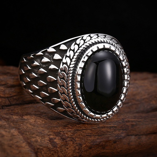 《 QBOX 》FASHION 飾品【TSR412396】精緻個性復古龍鱗橢圓形黑瑪瑙S925純銀戒指/開口戒指-細節圖5