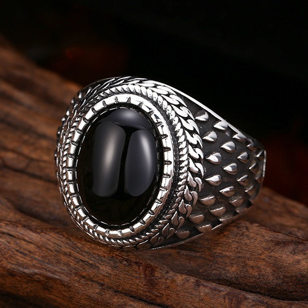 《 QBOX 》FASHION 飾品【TSR412396】精緻個性復古龍鱗橢圓形黑瑪瑙S925純銀戒指/開口戒指-細節圖6