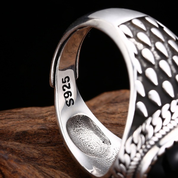 《 QBOX 》FASHION 飾品【TSR412396】精緻個性復古龍鱗橢圓形黑瑪瑙S925純銀戒指/開口戒指-細節圖8