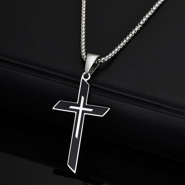 《 QBOX 》FASHION 飾品【CPN-2178】精緻個性黑銀聖痕十字架鈦鋼墬子項鍊/掛飾-細節圖3
